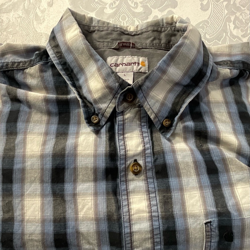 Carhartt Blue Plaid Button Down Short Sleeve Shirt Men’s Size Large